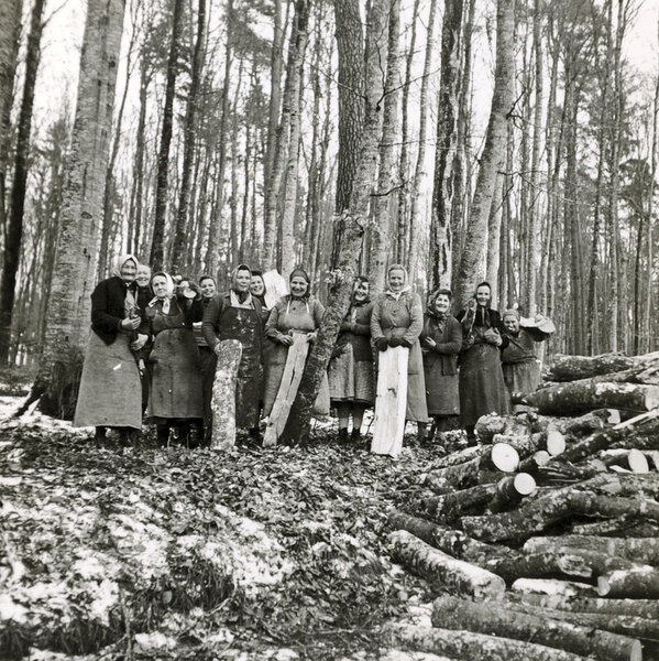 Frauen rüsten Brennholz auf; Bild Archiv WaldSchweiz