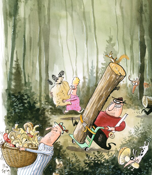 Sammeln | © Cartoon: Max Spring / Arbeitsgemeinschaft für den Wald (AfW)